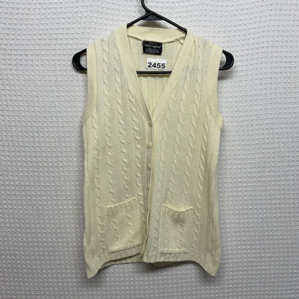 Vintage Helen Harper Vest Women's M‎ Ivory Button Front Cable Knit Ivy Retro 70s
